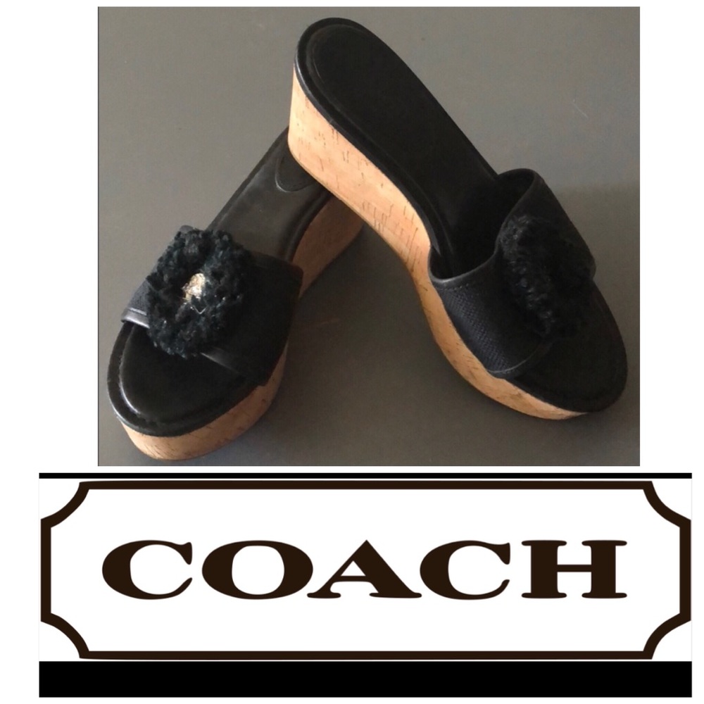 Coach Black Leather & Cork Wedge Slide Sandals